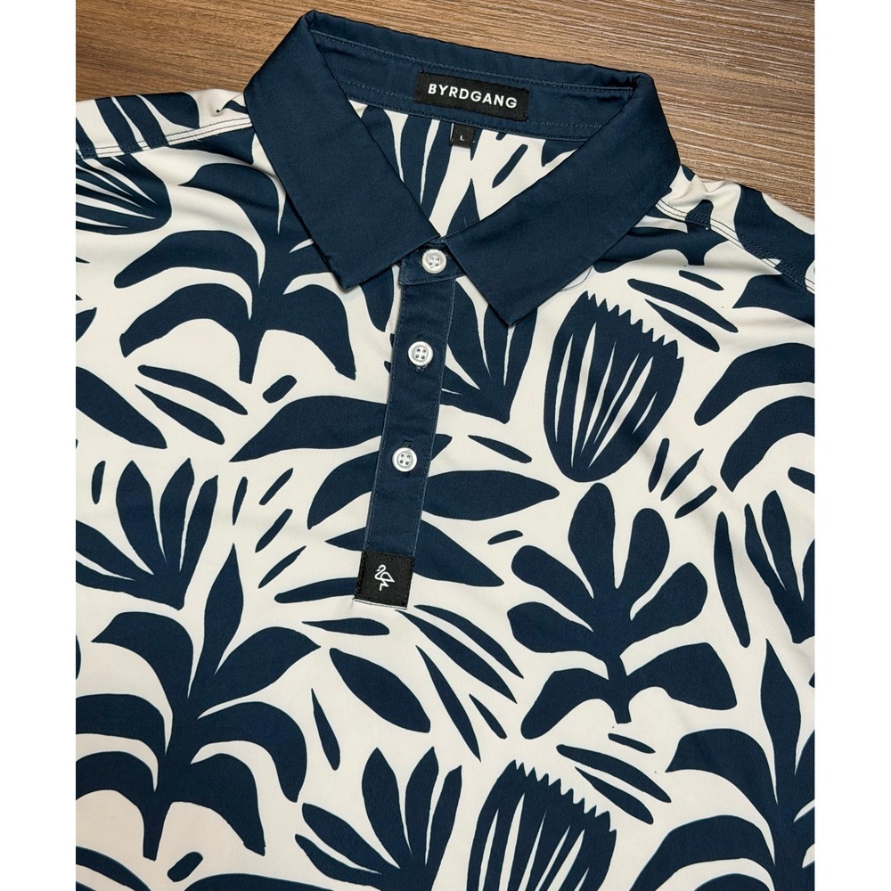 Byrdgang Mens Golf Polo Shirt Navy White Botanical Leaf AOP Performance Sz L
